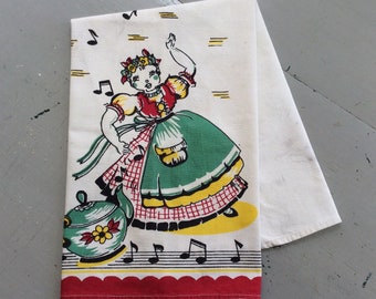 Vintage Broderie Towel Happy Girl & Singing Tea Pot Retro Kitchen Tea Towel