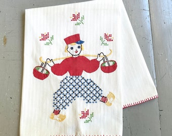 Vintage Tea Towel Embroidered & Appliquéd Dutch Boy Hauls Water Retro Kitchen