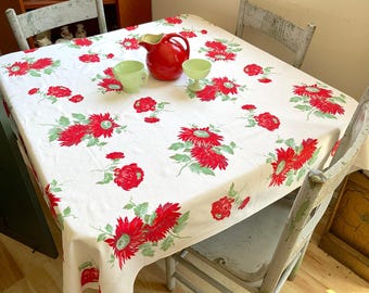 Vintage Tablecloth Red Sunflowers & Dahlias
