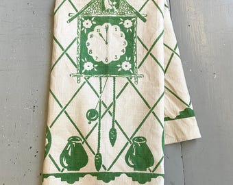Vintage Tea Towel Art Deco Cuckoo Clock Chimes Elevenses