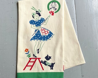 Vintage Broderie Towel Dusting Maid Startled by Scotty Dog Housework Spring Cleaning Retro Kitchen