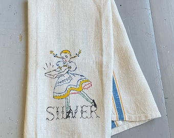 Vintage Towel Pigtailed Girl Polishes the Silver Retro Kitchen Pippi Longstocking