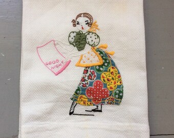 Vintage Guest Towel Embroidered Appliqued Lady in Gingham Bids You Good Night Retro Hand Towel