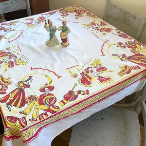 Vintage Mexican Tablecloth Market Day Senoritas Wash & Buy Pots Retro Southwestern Kitchen