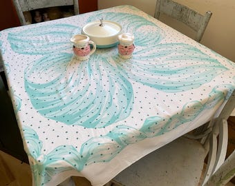 Vintage Tablecloth Aqua Blue Bow w Polka Dots George of Paris