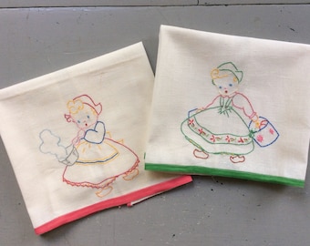 Vintage Embroidered Towels Pair Dutch Girls Fetch Water Boil Milk