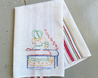 Vintage DOW Embroidery Towel Sunbonnet Girl Irons on Tuesday