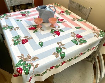 Vintage Tablecloth Victory Garden Peppers on Blue and Pink Stripes JS&S