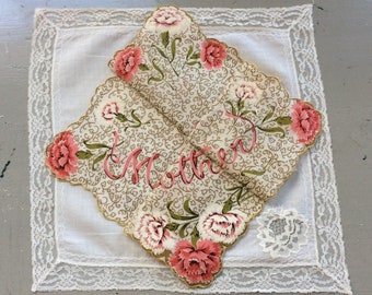 Vintage Hankie Pair Mother Puzzle w Pink Carnations & White Lace