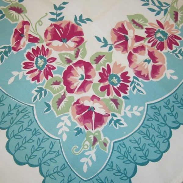 Vintage Tablecloth & Napkins Pink and Aqua Blue Morning Glories MWT