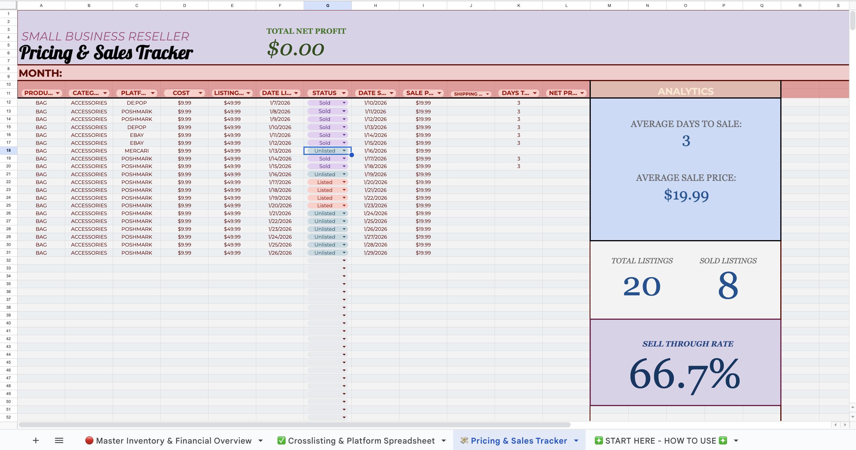 Beginner Reseller Inventory & Profit Digital Spreadsheets | Google ...