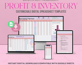 May include: Pink digital spreadsheet templates for beginner resellers. The image shows a laptop, desktop monitor, tablet, and smartphone displaying spreadsheet data. Text includes "PROFIT & INVENTORY" and "CUSTOMIZABLE DIGITAL SPREADSHEET TEMPLATES."