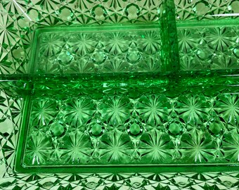 Vintage prodded glass relish divided dish stars emerald green retro