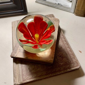 Vintage glass ball paperweight red yellow flower