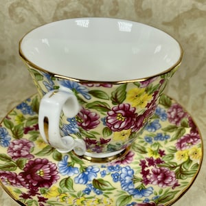 Bethany Cup & Saucer Fine Bone China Staffordshire Floral Chintz Gold Trim
