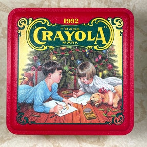 1992 Limited Collectors Edition Crayola Crayon Tin with Original Crayons Colorful Holiday Wishes
