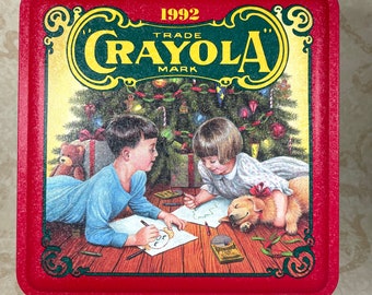 1992 Limited Collectors Edition Crayola Crayon Tin with Original Crayons Colorful Holiday Wishes