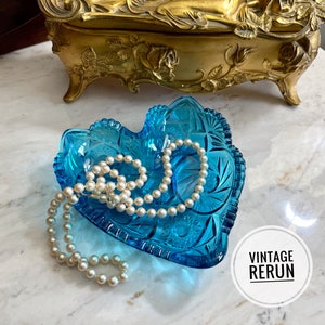 Vintage Kemple / McKee Aqua Blue Glass Aztec Pattern Heart Shaped Candy or Nut or Jewelry  Dish