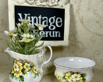 Vintage ROYAL ALBERT creamer and open sugar bowl yellow primrose