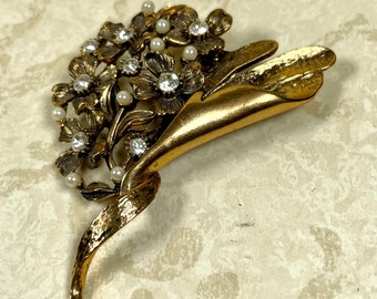 Vintage M Jent pearl and rhinestone flower brooch unusual retro fall