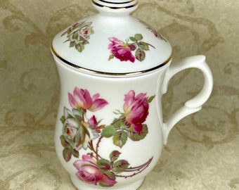 Vintage coffee tea cup with lid Bone China pink roses floral R R Dalton Shewberry