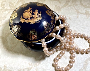 Imperial Limoges vintage navy blue trinket gold trim Porcelain Box