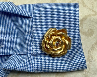 Vintage Fredrick Mosell signed gold toned large rose cuff links rhinestone center