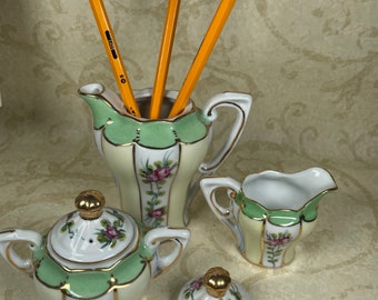 Limoges set Spring China Tea Set green yellow miniature floral Creamer sugar pot floral