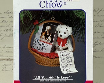 Enesco 1993 All You Add is Love Christmas Ornament Puppy Chow Dalmatian Dog IOB