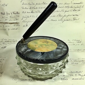 Vintage dressing  table  pressed glass powder box with scene and mirror with handle