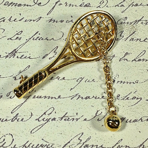 Vintage M Jent tennis racquet brooch pin with ten… - image 2