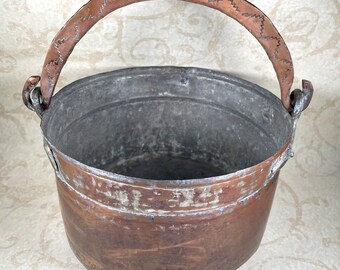 Tin washed copper cauldron pot snake handle decorated primitive antique