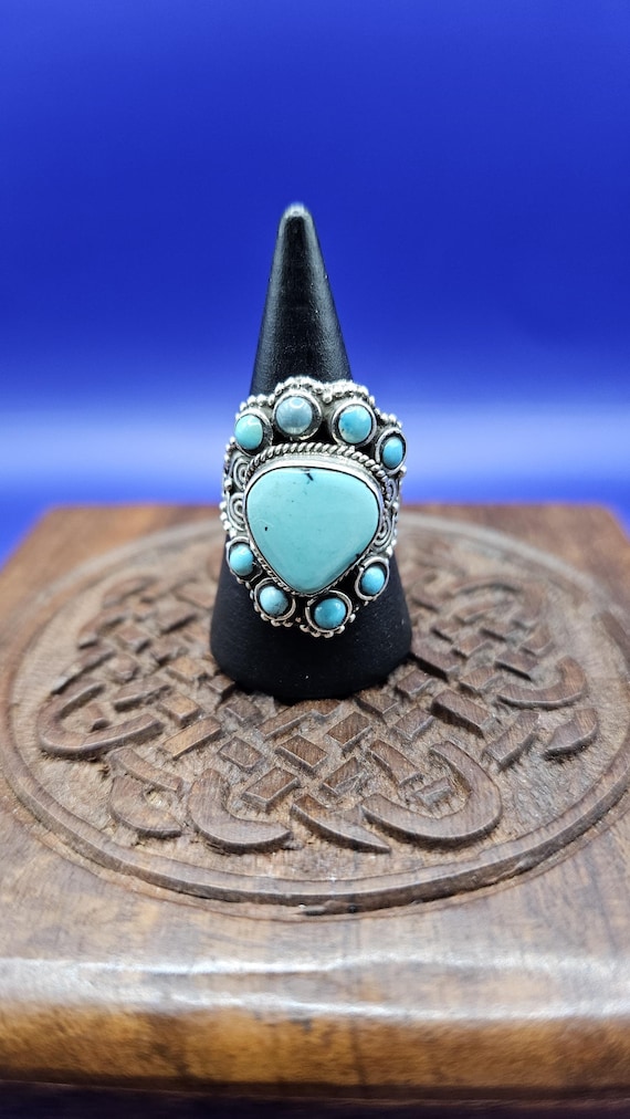 Handmade Sterling Silver Turquoise Gemstone Ring - Tibetan Bohemian Style