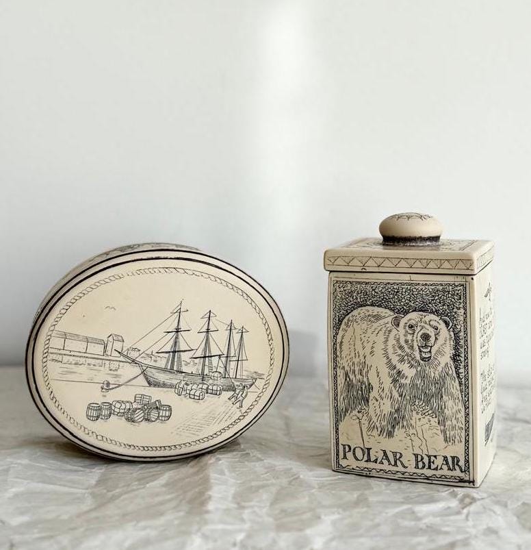 Rare Antique Set of q 1920s Comoy's of London Hand-Etched Oval Stone Trinket Boxes, Vintage Faux Scrimshaw Ivory Box Nautical-Themed Arctic