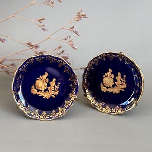 Set of 2 Mini Limoges Porcelain Plates France, Gold Cobalt Rococo Style, Jewelry Dish – Wall Decor – Display Wire Stands Included