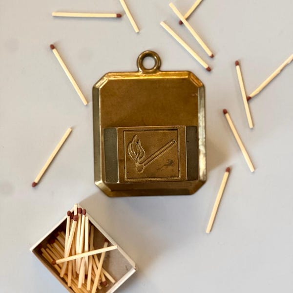 Vintage French Brass Match Holder – Wall Mounted Match Safe – Rustic Kitchen Decor – Antique Brass Matchbox Holder