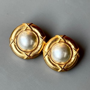 Agatha Paris Vintage Clip On Earrings 1980s Gold Tone Faux Pearl Statement French Jewelry Elegant Designer Gift for Her