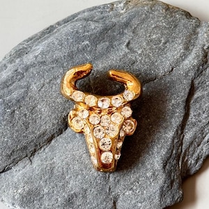 Iconic Christian Lacroix Bull Head Brooch • 1990s Vintage Gold Tone Pin with Rhinestones • Statement Couture Jewelry Piece