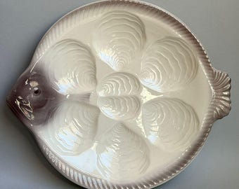 Antique Oyster Plate Fish Shaped Plate by Weachtersbach Pottery, 1930s West Germany Hand Painted