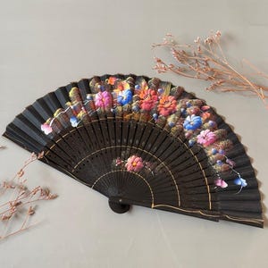 Vintage Spanish Flamenco Fan, 1980s Hand Painted Wooden Fan, Black Base with Colorful Floral Design, Authentic Spain, Dance Decor
