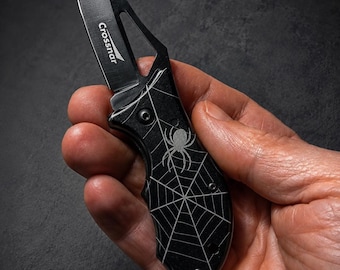Black Spider Web Pocket Knife – Mini Gothic Folding Knife for EDC, Gift for Men, Small Utility Knife