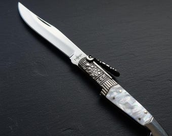 Faca Árabe Templária Pérola Negra com Catraca - Faca Artesanal Espanhola de Colecionador - Presente Personalizado para Homens - Faca Clássica de Luxo