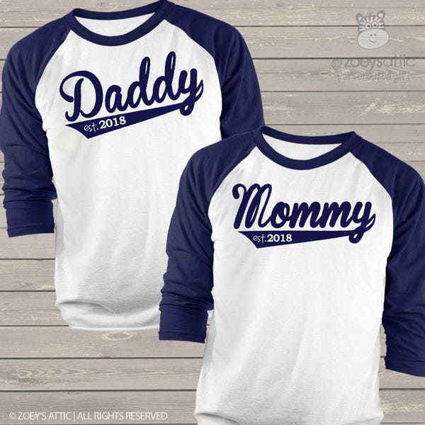 Daddy / mommy shirt set - personalized year established swoosh daddy and mommy pregnancy announcement raglan shirts gift set 22FD-052-RSet