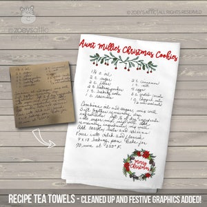 Christmas Handwritten recipe tea Towel  / Flour Sack - handwritten christmas recipe transferred to a keepsake tea towel great gift MTT-002