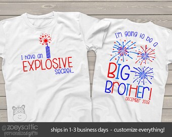 Big brother or big sister to be 4th of July firecracker FRONT/BACK pregnancy announcement Tshirt SNLJ-011-fb