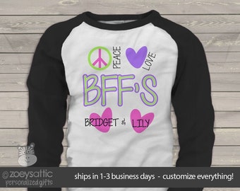 Personalized childrens best friends peace love raglan shirt - perfect birthday or christmas gift for a special girl MGRL-005-R