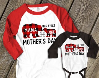 Mothers Day shirt set | mama baby first Mothers Day  | buffalo plaid bear raglan shirt set  |  sweet mothers day gift shirts 22MD-013-RSet
