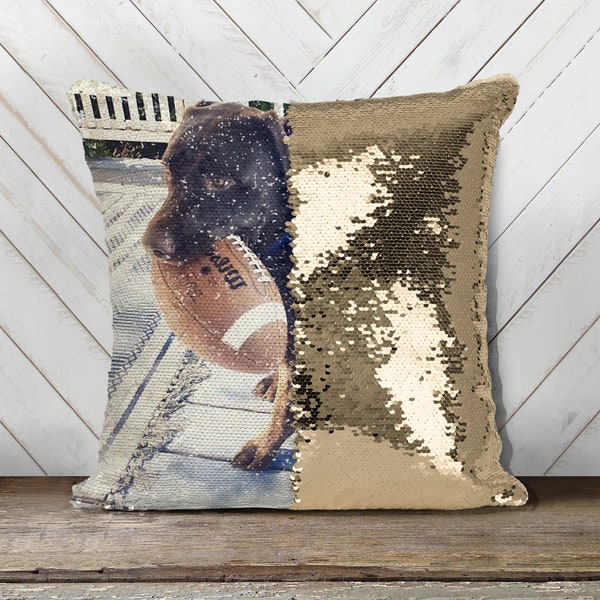 Pet photo sequin pillow | reversible sequin mermaid pillowcase | personalized pet cat or dog decorative sequin pillow mspc-007