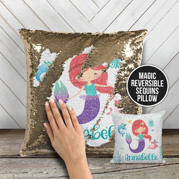 Under the sea mermaid sequin pillow | reversible sequin sea life mermaid pillowcase | personalized mermaid decorative sequin pillow MSPC-006