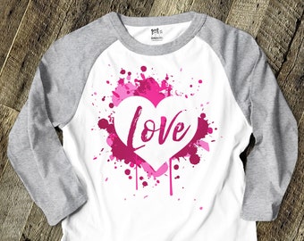 Valentine shirt | love pink splash heart adult Valentine shirt | valentine love adult unisex raglan shirt | 22SNLV-088-R